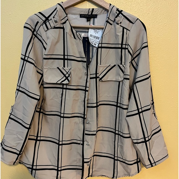 Tan and black button down blouse